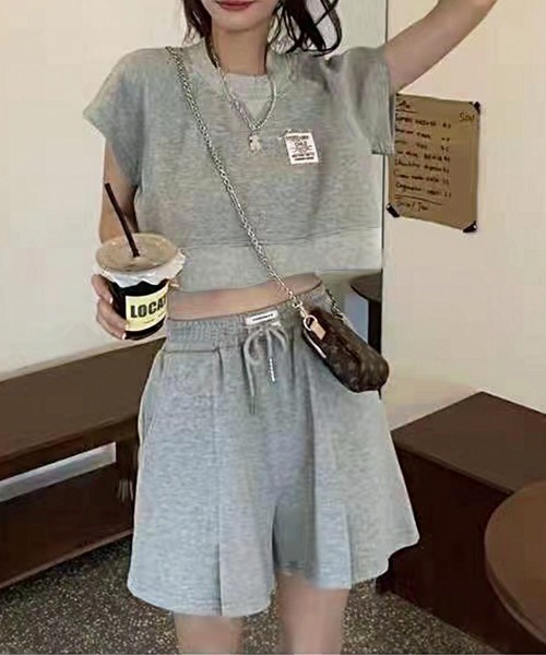 PRIVATE  BEACH（プライベートビーチ）の「2点セットルームウェア クロップド丈スウェットトレーナー＆ショートパンツ（ルームウェア/パジャマ・レディース・グレー/ブルー/ピンク・S/M/L）」の10枚目の写真