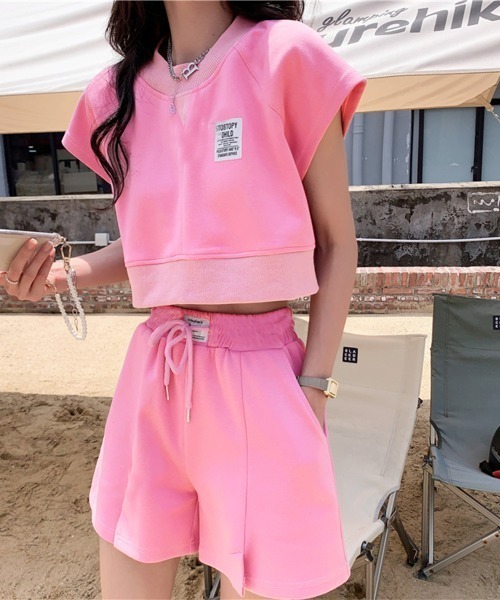 PRIVATE  BEACH（プライベートビーチ）の「2点セットルームウェア クロップド丈スウェットトレーナー＆ショートパンツ（ルームウェア/パジャマ・レディース・グレー/ブルー/ピンク・S/M/L）」の14枚目の写真