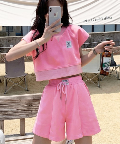 PRIVATE  BEACH（プライベートビーチ）の「2点セットルームウェア クロップド丈スウェットトレーナー＆ショートパンツ（ルームウェア/パジャマ・レディース・グレー/ブルー/ピンク・S/M/L）」の15枚目の写真