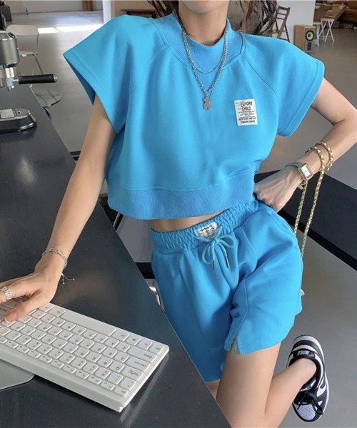 PRIVATE  BEACH（プライベートビーチ）の「2点セットルームウェア クロップド丈スウェットトレーナー＆ショートパンツ（ルームウェア/パジャマ・レディース・グレー/ブルー/ピンク・S/M/L）」の19枚目の写真