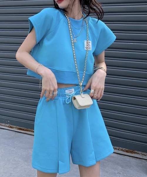 PRIVATE  BEACH（プライベートビーチ）の「2点セットルームウェア クロップド丈スウェットトレーナー＆ショートパンツ（ルームウェア/パジャマ・レディース・グレー/ブルー/ピンク・S/M/L）」の20枚目の写真