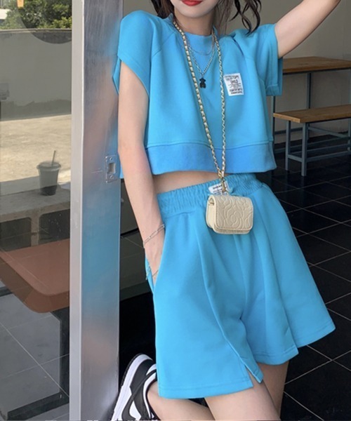 PRIVATE  BEACH（プライベートビーチ）の「2点セットルームウェア クロップド丈スウェットトレーナー＆ショートパンツ（ルームウェア/パジャマ・レディース・グレー/ブルー/ピンク・S/M/L）」の21枚目の写真