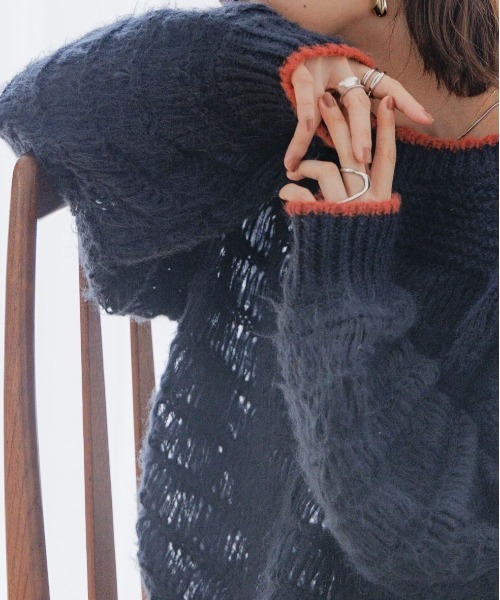 RAGEBLUE(レイジブルー)の「シアー/透かし編みゆるニット(ニット/セーター・レディース・ネイビー/ホワイト/グリーン・FREE)」の18枚目の写真