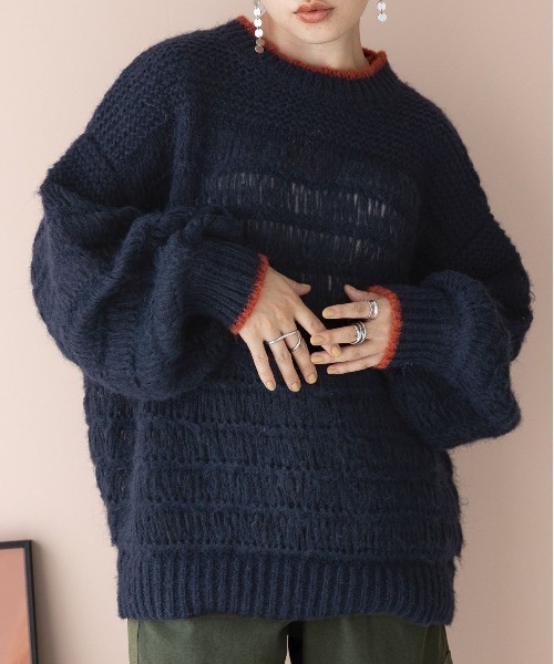 RAGEBLUE(レイジブルー)の「シアー/透かし編みゆるニット(ニット/セーター・レディース・ネイビー/ホワイト/グリーン・FREE)」の16枚目の写真