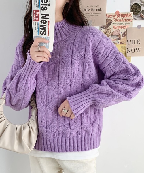 ABITOKYO(アビトーキョー)の「ボリュウーム袖ハイネックケーブルニットプルオーバー(ニット/セーター・レディース・ブルー/アイボリー/オレンジ/パープル・FREE)」の16枚目の写真