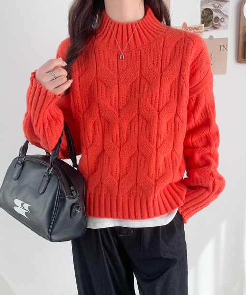 ABITOKYO(アビトーキョー)の「ボリュウーム袖ハイネックケーブルニットプルオーバー(ニット/セーター・レディース・ブルー/アイボリー/オレンジ/パープル・FREE)」の17枚目の写真