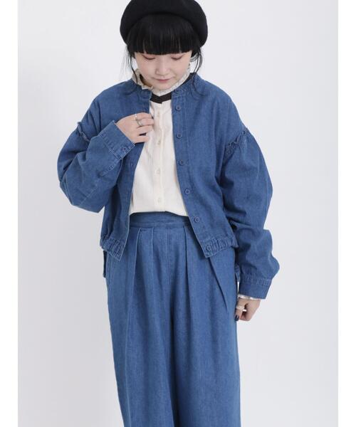 Samansa Mos2(サマンサ モスモス)の「デニム裾ドロストシャツジャケット(ノーカラージャケット・レディース・ネイビー/ブルー・F)」の3枚目の写真