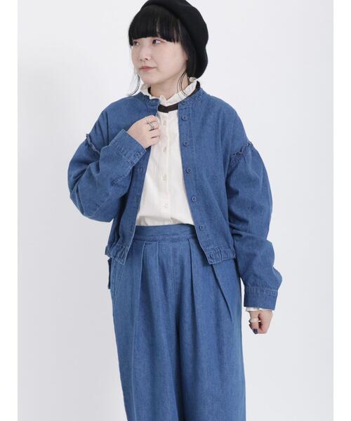 Samansa Mos2(サマンサ モスモス)の「デニム裾ドロストシャツジャケット(ノーカラージャケット・レディース・ネイビー/ブルー・F)」の5枚目の写真