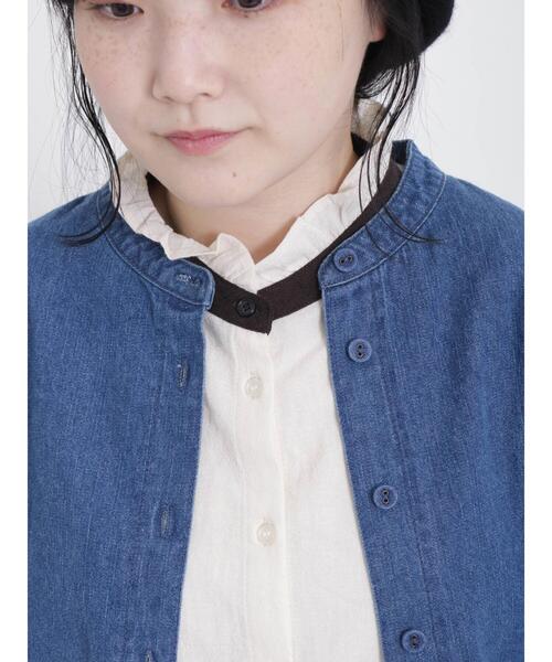 Samansa Mos2(サマンサ モスモス)の「デニム裾ドロストシャツジャケット(ノーカラージャケット・レディース・ネイビー/ブルー・F)」の11枚目の写真