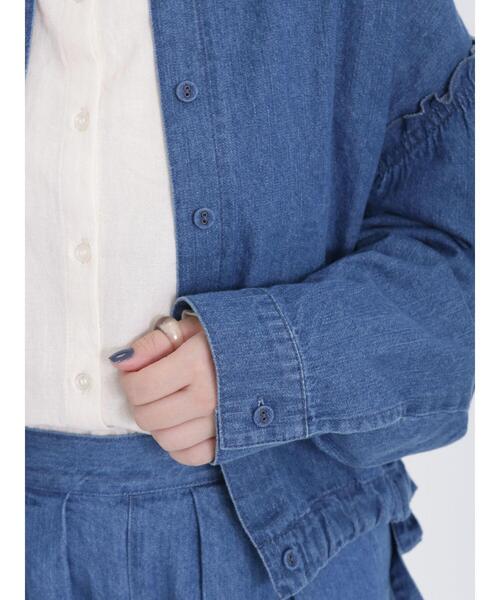Samansa Mos2(サマンサ モスモス)の「デニム裾ドロストシャツジャケット(ノーカラージャケット・レディース・ネイビー/ブルー・F)」の13枚目の写真