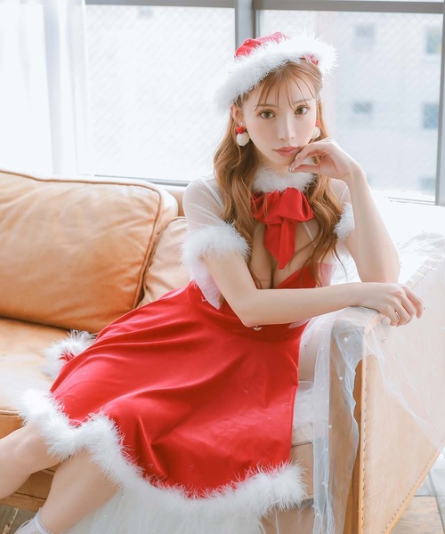 サンタ コスプレ セクシー シアー 半袖 ふわふわ ファー付き ネックリボン バストカット フレア ミニ ワンピース 2点セット クリスマス コスチューム サンタコス