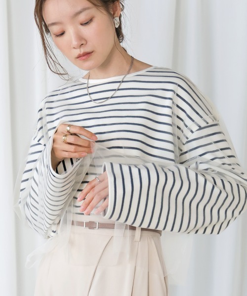 Bab(バブ)の「チュールボーダートップス(Tシャツ/カットソー・レディース・グリーン/ホワイト/ピンク・FREE)」の2枚目の写真