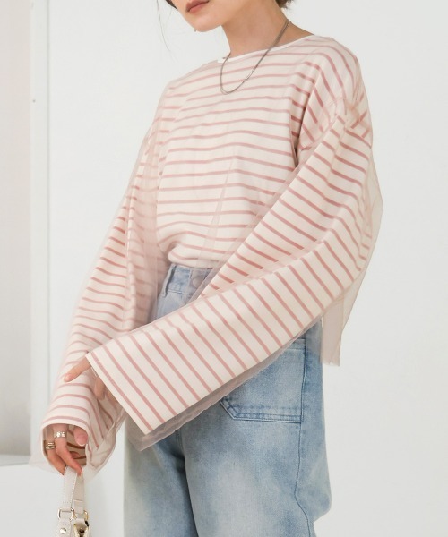 Bab(バブ)の「チュールボーダートップス(Tシャツ/カットソー・レディース・グリーン/ホワイト/ピンク・FREE)」の5枚目の写真