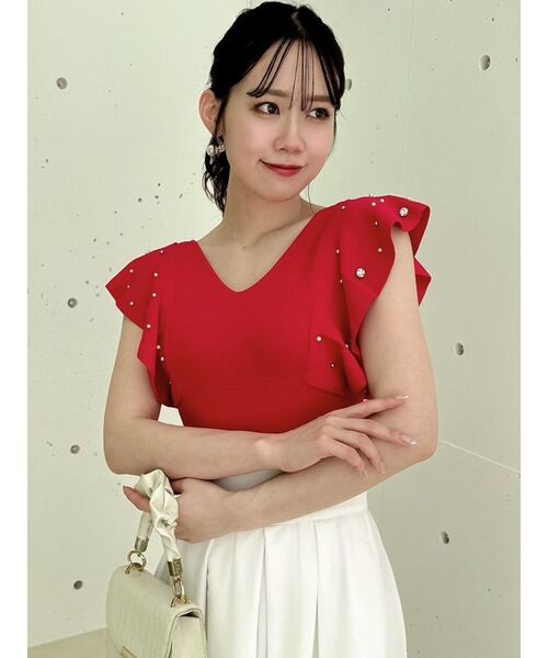 dazzlin(ダズリン)の「ラッフルビジューニットトップス(ニット/セーター・レディース・オフホワイト/ネイビー/ピンク/ブルー/レッド・FREE)」の9枚目の写真