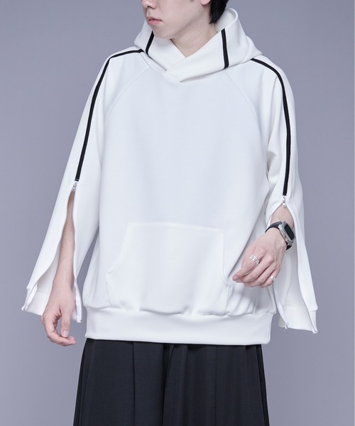 Ellno Loset（エルノロゼット）の「2wayスリットZIPポンチフーディー（パーカー・メンズ・オフホワイト/ブラック・MEDIUM/SMALL/LARGE）」の5枚目の写真