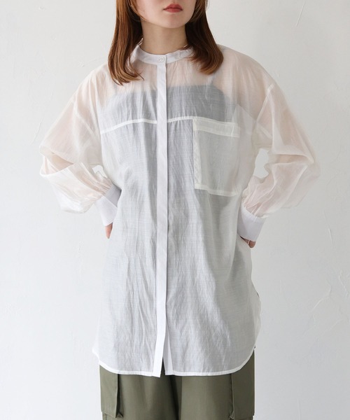 HER CLOSET（ハークローゼット）の「【vingtrois】シアーオーバーシャツ（シャツ/ブラウス・レディース・オフホワイト/ブラック/ライトベージュ・M）」の5枚目の写真