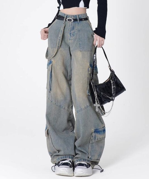 【セール】★Lilamusant★ ヴィンテージライクワイドパラシュートカーゴデニムパンツ Y2K 韓国ストリート（デニムパンツ）｜Lilamusant（リラミュゾン）