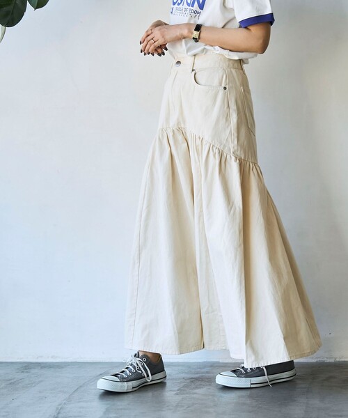 coen（コーエン）の「コットンツイルフレアスカート（スカート・レディース・ベージュ/ダークグレー/オフホワイト・L/M）」の5枚目の写真