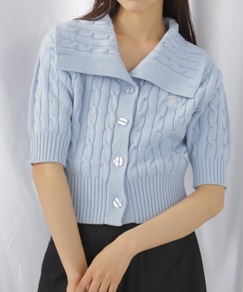 JILL by JILL STUART(ジルバイジルスチュアート)の「半袖コットンブレンドケーブルニット(ニット/セーター・レディース・ブルー/グレー/ホワイト・FREE)」の1枚目の写真