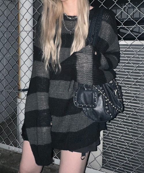 MAROCORE】ダメージボーダーニットプルオーバー ニットソー（ニット  