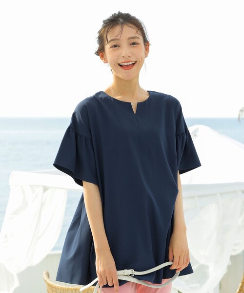 セール】キーネックフレア袖チュニックブラウス（シャツ