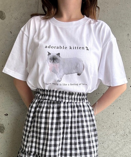 日本未入荷 KUOSE★お花とリボンの猫プリントTシャツ ねこリボンプリント半袖Tシャツ（Tシャツ/カットソー