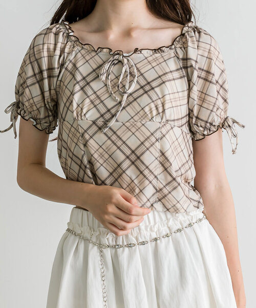 OLIVE des OLIVE（オリーブデオリーブ）の「バイアスチェックトップス（Tシャツ/カットソー・レディース・レッド/ブラウン/ベージュ・FREE）」の18枚目の写真