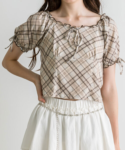 OLIVE des OLIVE（オリーブデオリーブ）の「バイアスチェックトップス（Tシャツ/カットソー・レディース・レッド/ブラウン/ベージュ・FREE）」の17枚目の写真