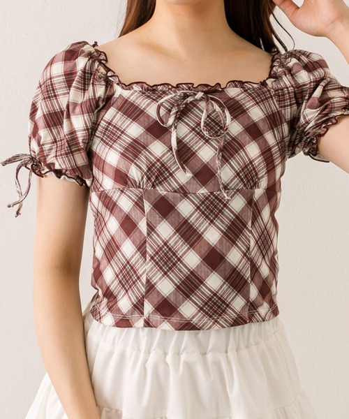 OLIVE des OLIVE（オリーブデオリーブ）の「バイアスチェックトップス（Tシャツ/カットソー・レディース・レッド/ブラウン/ベージュ・FREE）」の3枚目の写真