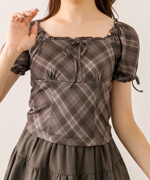 OLIVE des OLIVE（オリーブデオリーブ）の「バイアスチェックトップス（Tシャツ/カットソー・レディース・レッド/ブラウン/ベージュ・FREE）」の11枚目の写真