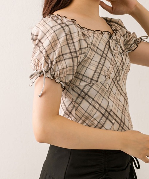 OLIVE des OLIVE（オリーブデオリーブ）の「バイアスチェックトップス（Tシャツ/カットソー・レディース・レッド/ブラウン/ベージュ・FREE）」の8枚目の写真