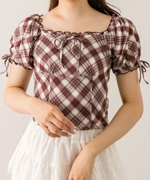 OLIVE des OLIVE（オリーブデオリーブ）の「バイアスチェックトップス（Tシャツ/カットソー・レディース・レッド/ブラウン/ベージュ・FREE）」の13枚目の写真