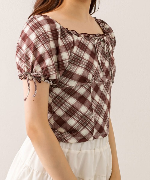 OLIVE des OLIVE（オリーブデオリーブ）の「バイアスチェックトップス（Tシャツ/カットソー・レディース・レッド/ブラウン/ベージュ・FREE）」の4枚目の写真