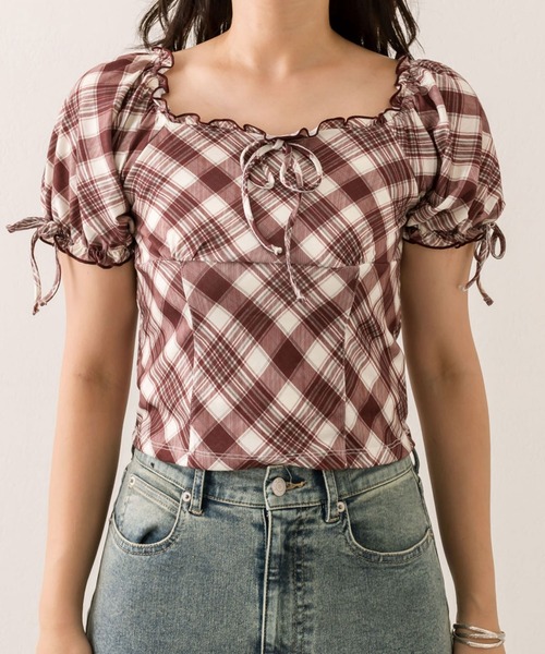 OLIVE des OLIVE（オリーブデオリーブ）の「バイアスチェックトップス（Tシャツ/カットソー・レディース・レッド/ブラウン/ベージュ・FREE）」の14枚目の写真