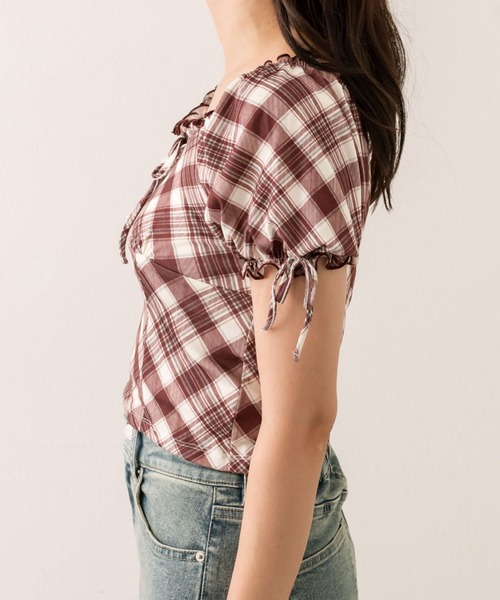 OLIVE des OLIVE（オリーブデオリーブ）の「バイアスチェックトップス（Tシャツ/カットソー・レディース・レッド/ブラウン/ベージュ・FREE）」の9枚目の写真