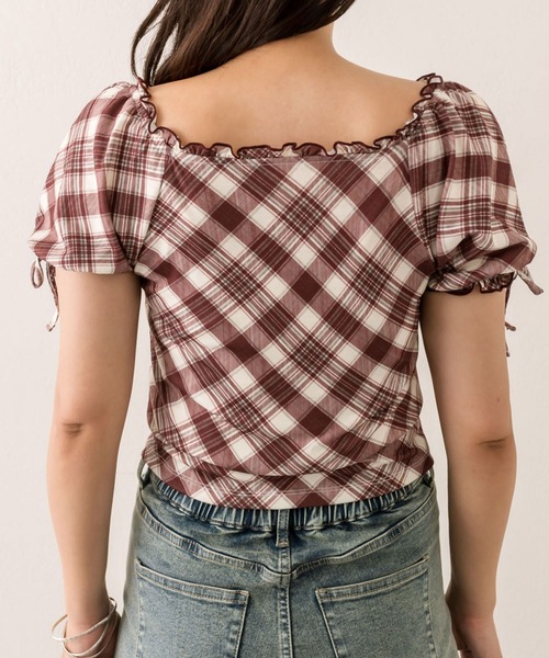 OLIVE des OLIVE（オリーブデオリーブ）の「バイアスチェックトップス（Tシャツ/カットソー・レディース・レッド/ブラウン/ベージュ・FREE）」の6枚目の写真