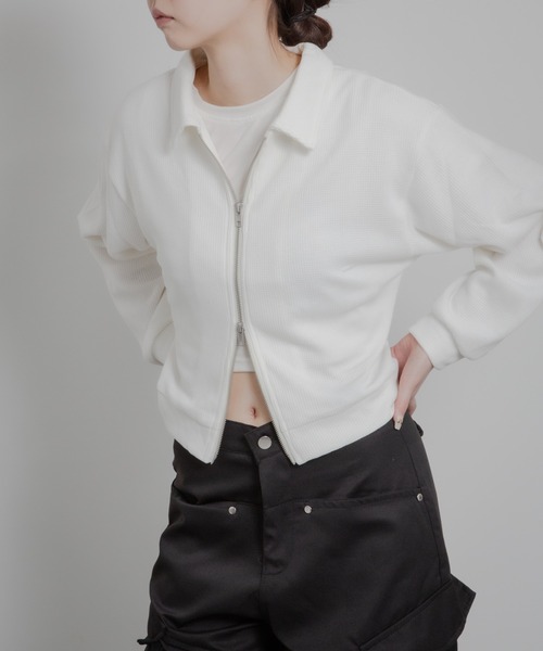 HALEY PESCA(ヘーリーペスカ)の「HALEY PESCA/襟付きショート丈 ジップ ジャケット(カーディガン/ボレロ・レディース・グレー/ブラック/ホワイト・LARGE/X-LARGE/MEDIUM)」の1枚目の写真