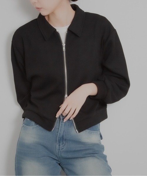 HALEY PESCA(ヘーリーペスカ)の「HALEY PESCA/襟付きショート丈 ジップ ジャケット(カーディガン/ボレロ・レディース・グレー/ブラック/ホワイト・LARGE/X-LARGE/MEDIUM)」の2枚目の写真