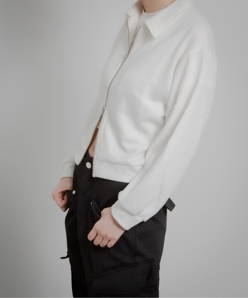 HALEY PESCA(ヘーリーペスカ)の「HALEY PESCA/襟付きショート丈 ジップ ジャケット(カーディガン/ボレロ・レディース・グレー/ブラック/ホワイト・LARGE/X-LARGE/MEDIUM)」の6枚目の写真