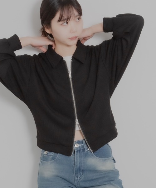 HALEY PESCA(ヘーリーペスカ)の「HALEY PESCA/襟付きショート丈 ジップ ジャケット(カーディガン/ボレロ・レディース・グレー/ブラック/ホワイト・LARGE/X-LARGE/MEDIUM)」の11枚目の写真