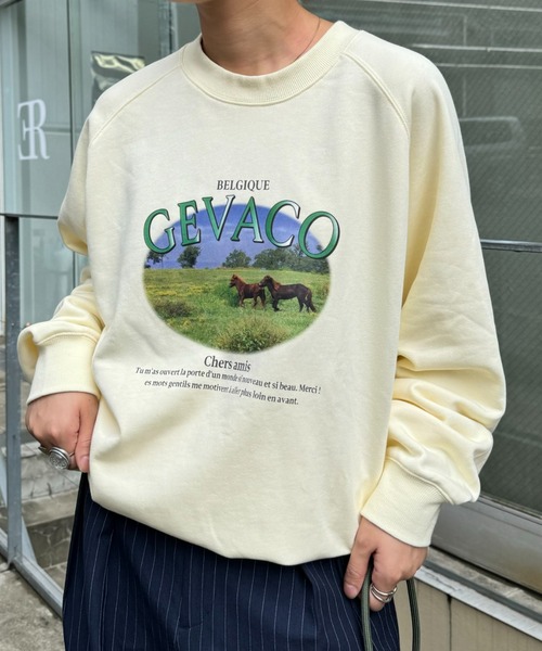 GEVACO（ゲバコ）の「【GEVACO/ゲバコ】裏毛フォトプリントスウェットクループルオーバー（スウェット・メンズ・ベージュ/グリーン/ライトグレー・SMALL/MEDIUM/LARGE）」の14枚目の写真