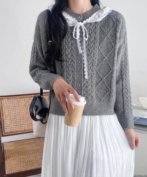 サカイ グレーカーディガン レース×リボンモチーフ付き Sibra ニット セーター セーラーカラーレースリボンカーディガン