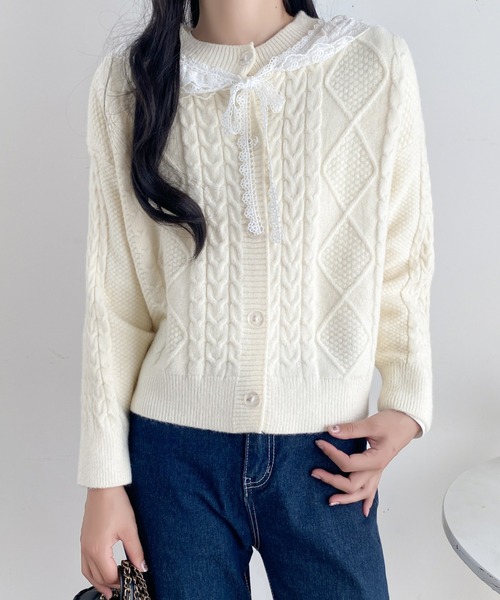 セール】レースカラーフローラルグレーリボンニットカーディガン