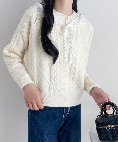 セール】レースカラーフローラルグレーリボンニットカーディガン