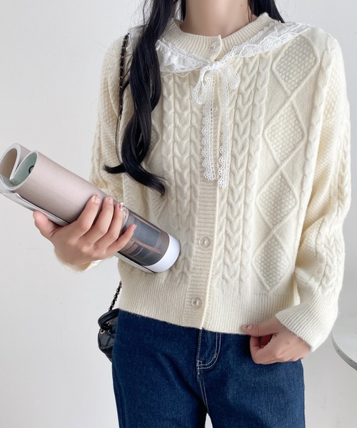 セール】レースカラーフローラルグレーリボンニットカーディガン