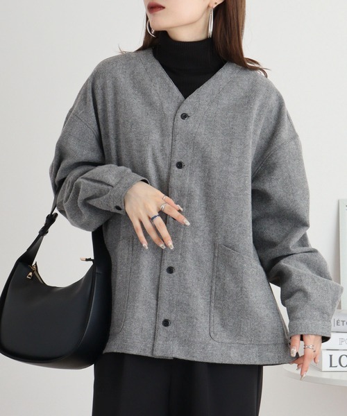 FUNALIVE(ファンアライブ)の「ウール混ヘリンボーン シャツカーデ(カーディガン/ボレロ・メンズ・グレー/ブラウン・L/M)」の3枚目の写真