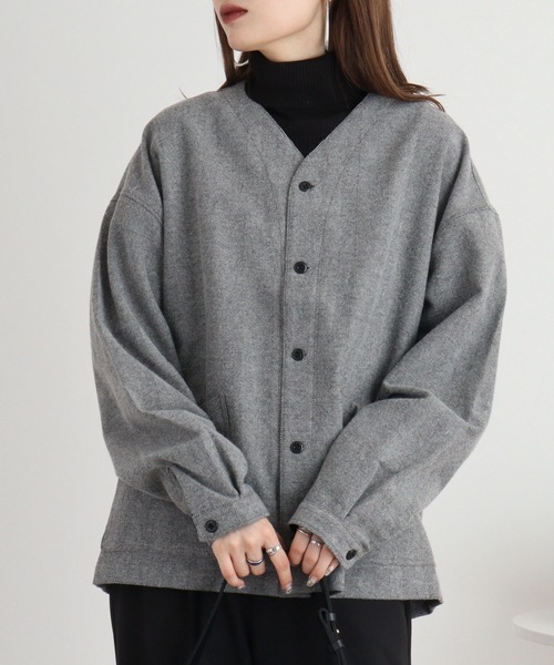 FUNALIVE(ファンアライブ)の「ウール混ヘリンボーン シャツカーデ(カーディガン/ボレロ・メンズ・グレー/ブラウン・L/M)」の5枚目の写真