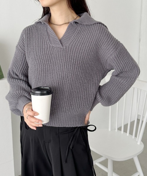 CLEA(クレア)の「オーバーサイズクロップド丈ポロニット(ニット/セーター・レディース・ベージュ/ブラック/グレー・FREE)」の17枚目の写真