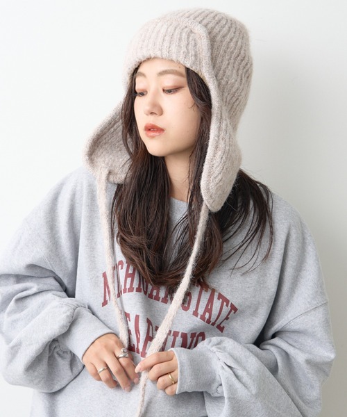 CIAOPANIC TYPY（チャオパニックティピー）の「耳付き2WAYニットフライトキャップ（ニットキャップ/ビーニー・レディース・グレー/オフホワイト/ブラック/ベージュ・ONE SIZE）」の4枚目の写真