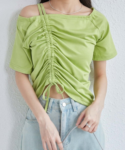 ワールド オンラインストア セール】オフショルダー ギャザーTシャツ（Tシャツ/カットソー トップス